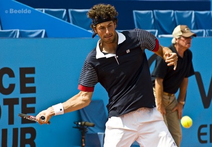 Robin Haase of the Netherlands hits a forehand during the 2011 Open de Nice Cote d'Azur. 	