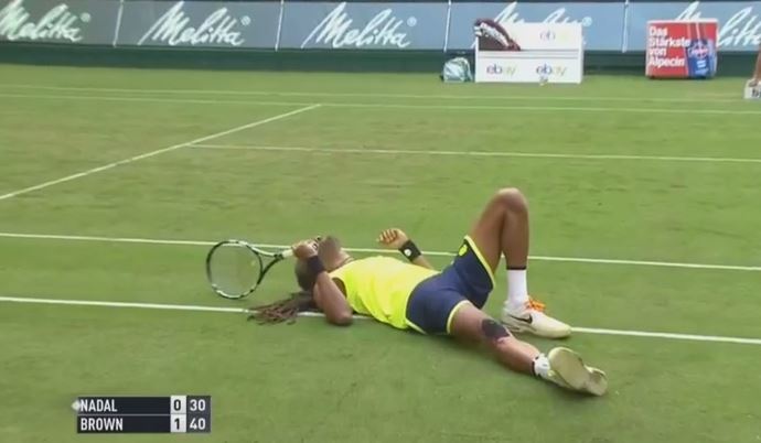 Video: Dustin Brown and Rafael Nadal Tumble on the Same Point in Halle 