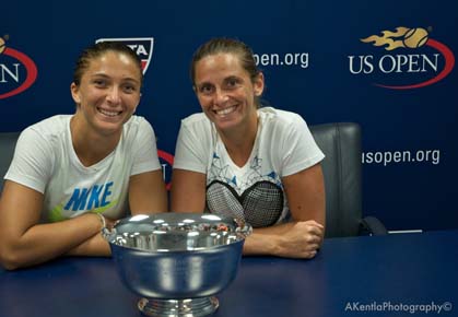 Sara Errani and Roberta Vinci pose with their 2012 U.S. Open Women's Doubles Trophy