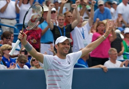 Mardy Fish celebrates after he defeated Rafael Nadal in the quarterfinals of the Western & Southern Open in Cincinnati on August 19. Photo Credit: Andy Kentla